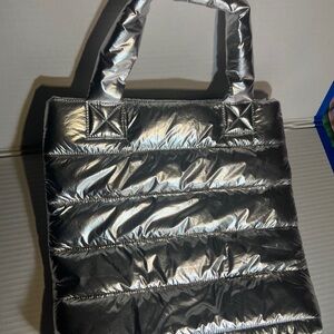 Justice Puffy Tote Bag Silver Metalic, with Handles for Girls